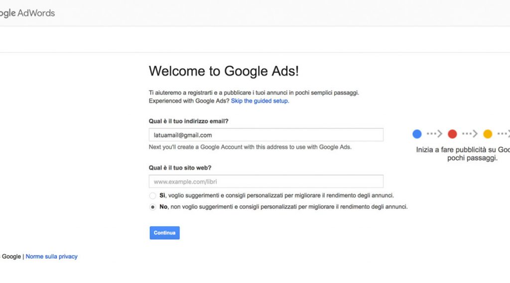 Creazione account di Google ADS