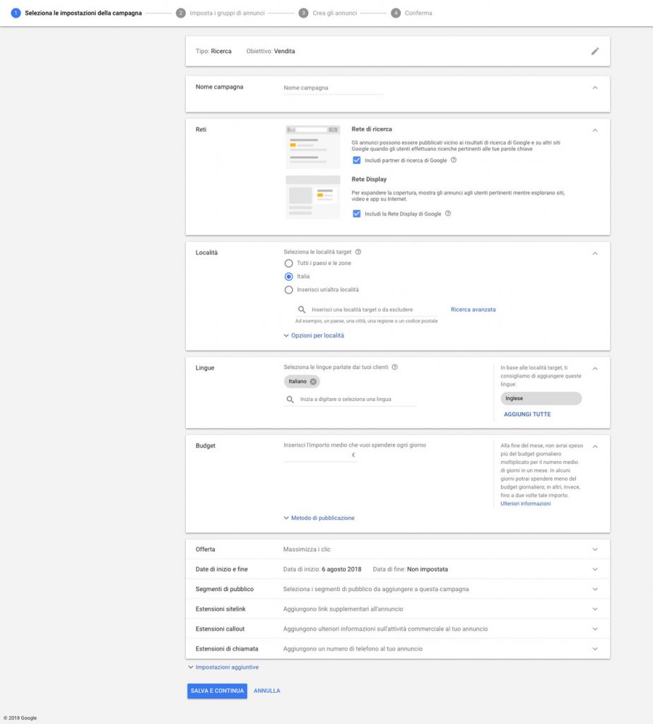 Impostazioni iniziali Campagna Google ADS